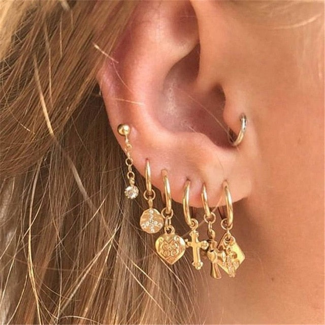 Bls-miracle 2019 New Boho Multi-Element Crystal Set Earring For Women Fashion Pendant Piercing Geometric Stud Earrings Jewelry