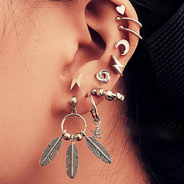 Bls-miracle 2019 New Boho Multi-Element Crystal Set Earring For Women Fashion Pendant Piercing Geometric Stud Earrings Jewelry