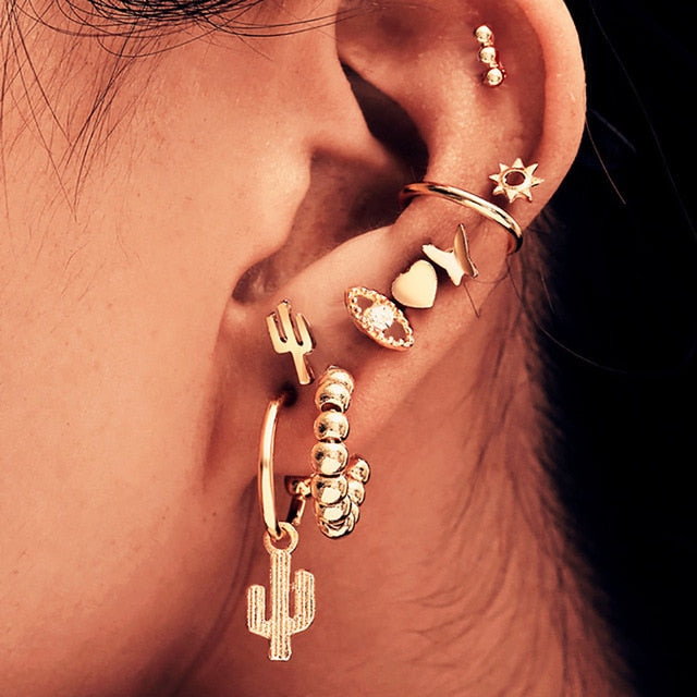 Bls-miracle 2019 New Boho Multi-Element Crystal Set Earring For Women Fashion Pendant Piercing Geometric Stud Earrings Jewelry