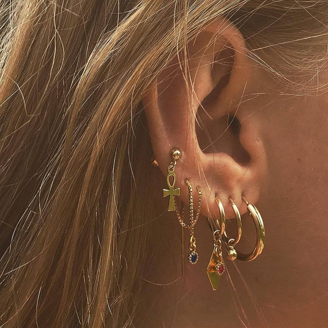 Bls-miracle 2019 New Boho Multi-Element Crystal Set Earring For Women Fashion Pendant Piercing Geometric Stud Earrings Jewelry