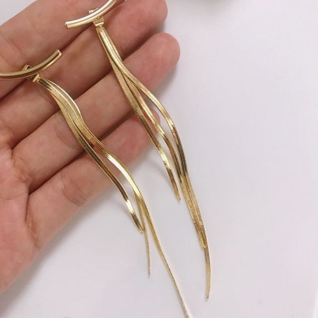 Pendientes con borla de hilo largo de barra de marca de lujo, pendientes geométricos de arco brillante para mujer, joyería de declaración de Color dorado y plateado 2020